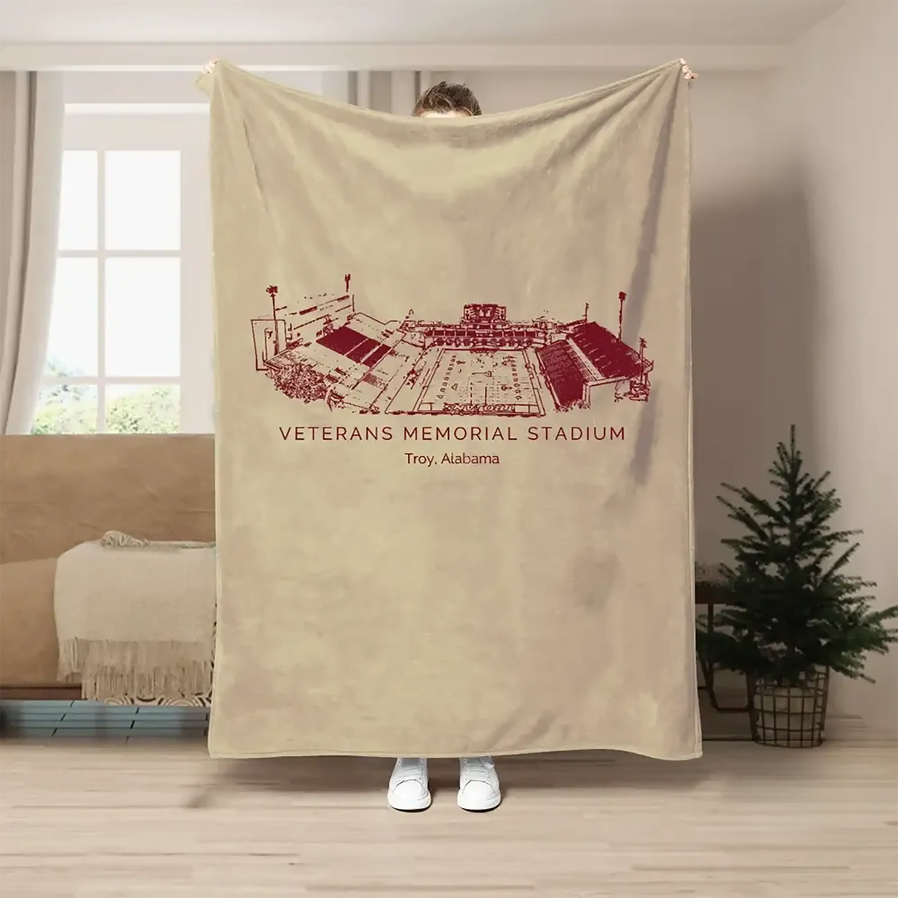 Veterans Memorial Stadium Flannel Blanket - Troy Trojans Football Throw - Troy University Fan Gift - Alabama Blueprint Decor