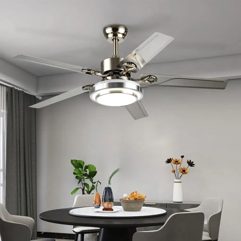 48" Modern Stainless Steel Smart Ceiling Fan with 5 Blades, 3-Color Dimming Silver Lamp for Home Dining Room Indoor Lighting