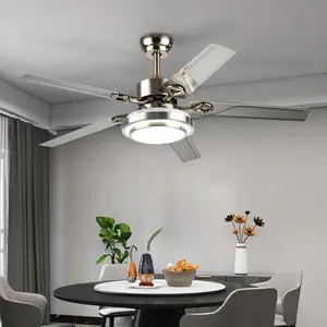 48" 5-blade Stainless Steel 3-color Dimming Silver Smart Ceiling Fan Pendant Chandelier