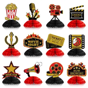 12PCS Movie Night Party Decor - 3D Honeycomb Centerpieces, Ticket, Popcorn, Star Table Toppers (Red)