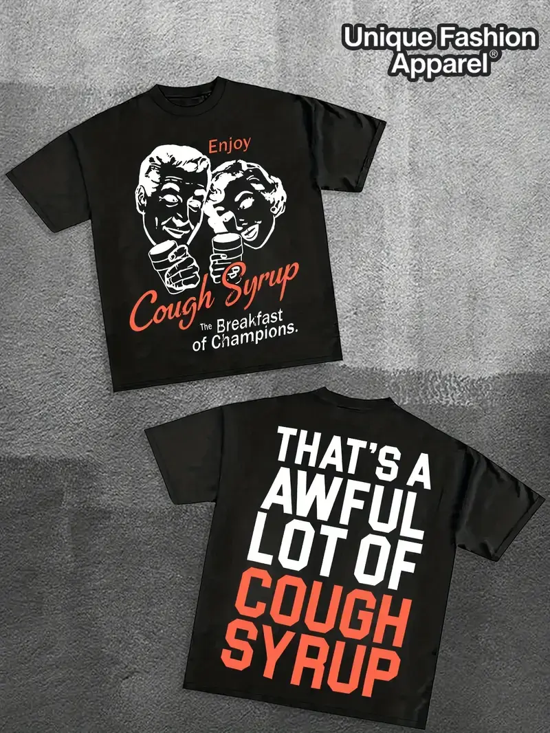 JUICEBUSTERS AWFUL COUGH SYRUP, (7.76 oz, 100% cotton T-shirt) [For tops only] Men's basic T-shirt, loose fit, street style, hip-hop style, neutral fashion, short sleeves, comfortable casual wear.