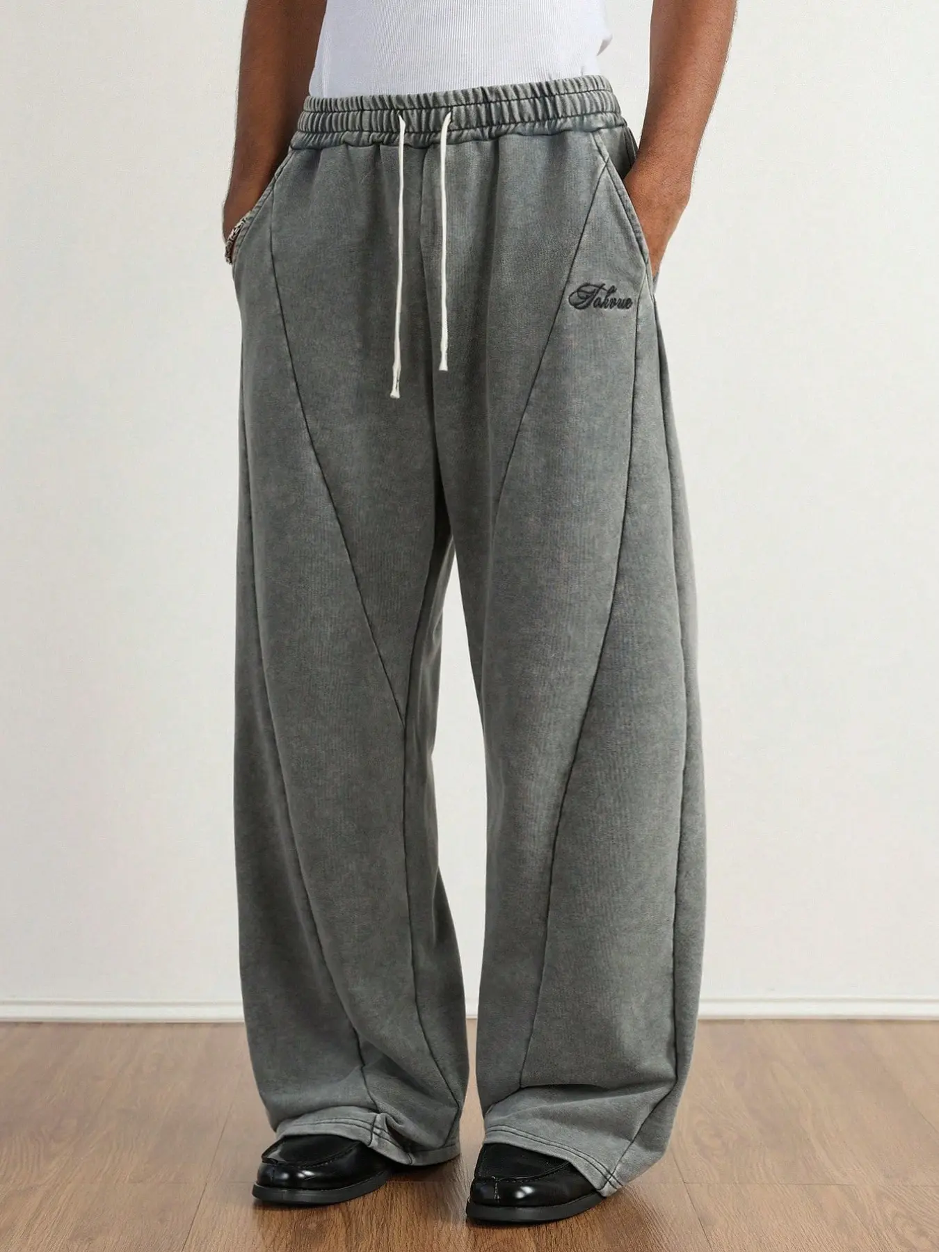 Men's Loose Fit Sweatpants, Patchwork Design, Pure Cotton Fleece Fabric, Elastic Waist Drawstring, Wide Leg, Long, Tabou Embroidered Logo, Sports Casual Pants