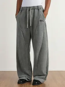 Men's Loose Fit Sweatpants, Patchwork Design, Pure Cotton Fleece Fabric, Elastic Waist Drawstring, Wide Leg, Long, Tabou Embroidered Logo