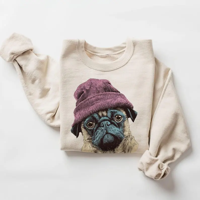 Women's Retro Pug in Beanie Print Casual Cotton Long Sleeve Round Neck Unisex Hoodie-Sweatshirt DICH #2352