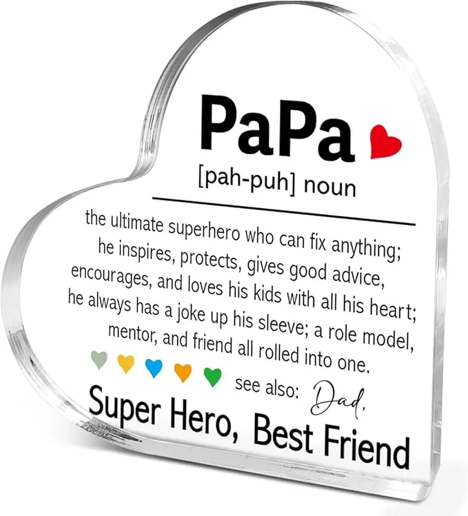 Papa Gifts Plaque,Thank You Gifts for Papa Father's Day Birthday Christmas,Unique Dad Gift Ideas,Papa Definition Acrylic Heart Plaque,Dad Super Hero Best Friend Sign L669