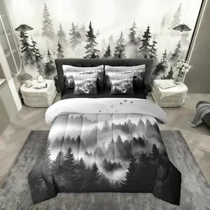 Watercolor Trees 7 Pieces Bedding Set,Misty Mountain Bed Bag,Natural Landscape Bed Set,Includes Comfortersheet Set,Pillowcases  Bed Set