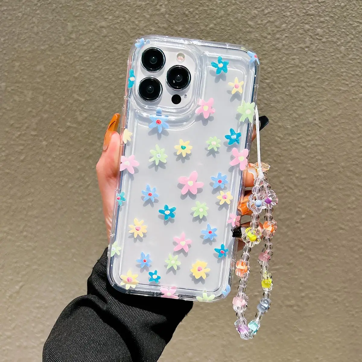 Flower Pattern Clear Phone Case with Lanyard, Soft TPU Cellphone Protective Cover, Full Covered Camera Protect Shockproof Clear Mobile Phone Protector