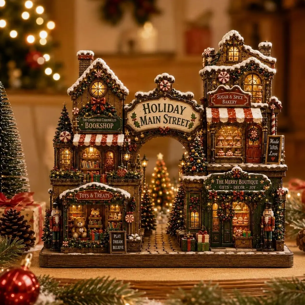 Wooden Christmas Village Block, Lighted Holiday Main Street Decor, Gingerbread Shop Display, Festive Mantel Centerpiece, Xmas Gift