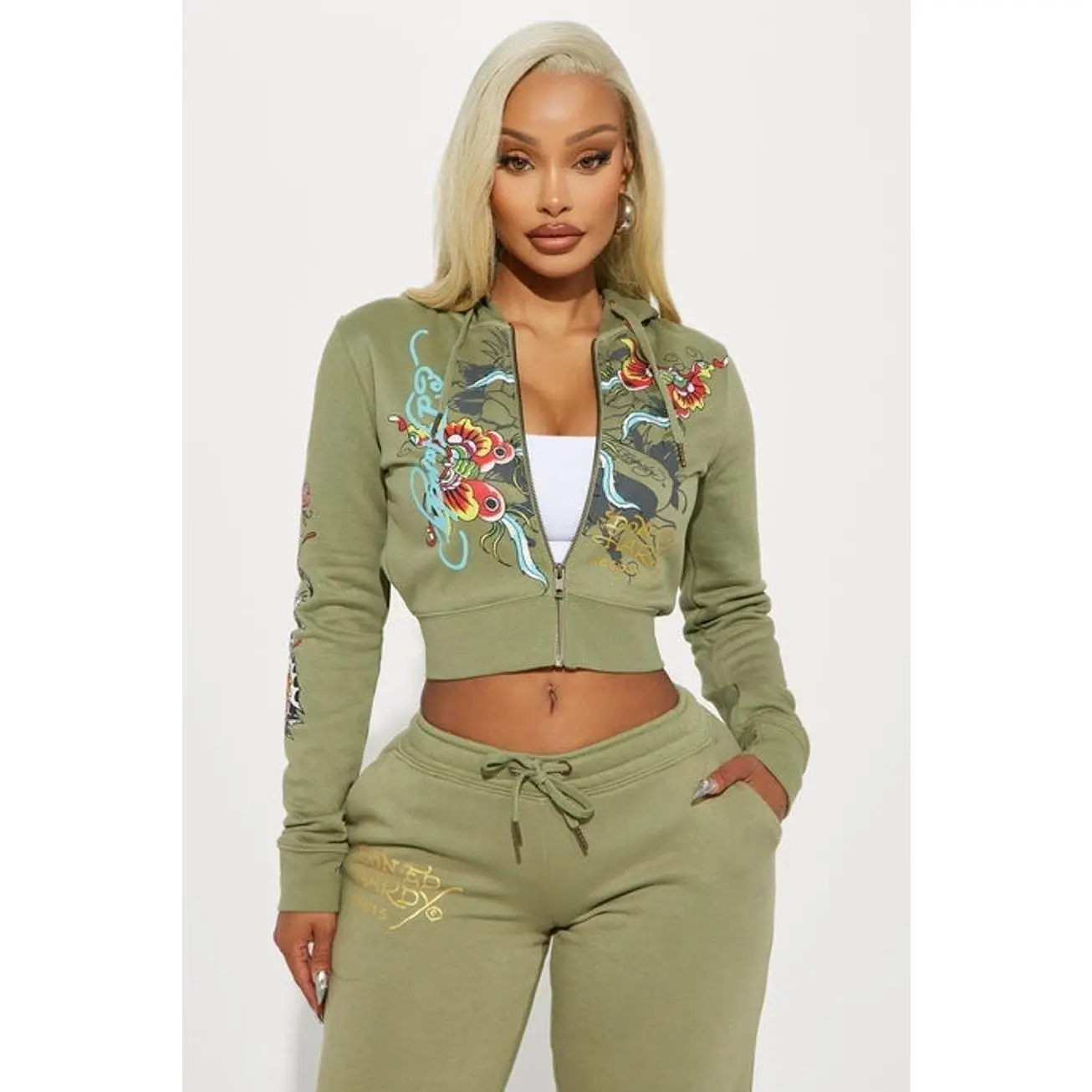 Ed Hardy Butterfly Zip Front Hoodie - Sage Y