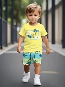 Bright Surf Coconut Tree Set Digital Print, Boys Toddler Short Sleeve Set, Summer Outfit Sets, Stylish Cute Casual Clothing, Perfect Gift for Boys