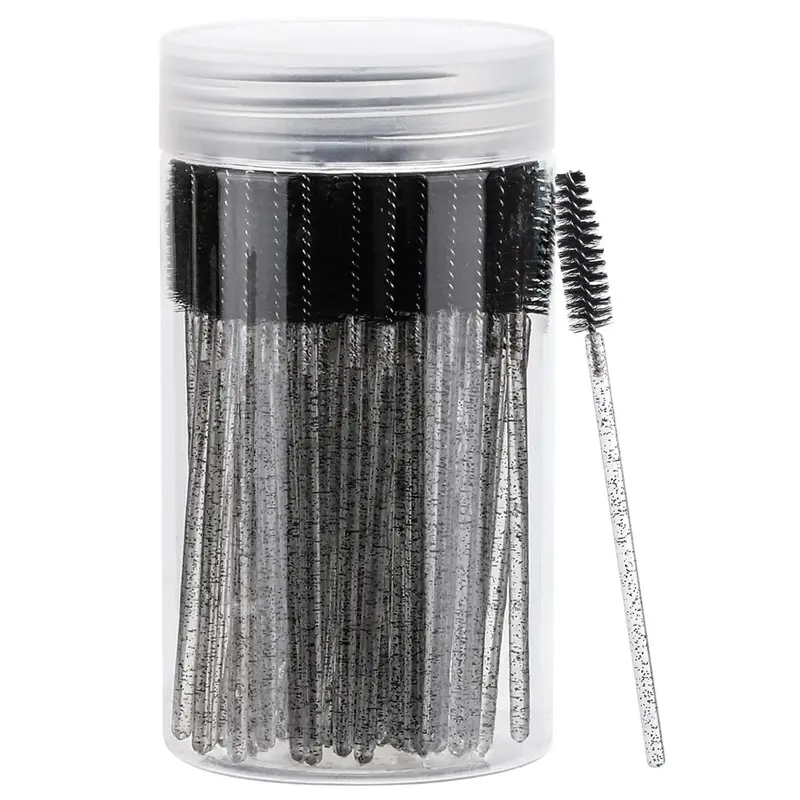 【Black Friday】100pcs Disposable Eyelash Brushes, Glitter Handle Brow Brush for Lash Extensions, Eyelash Brush with Container Included