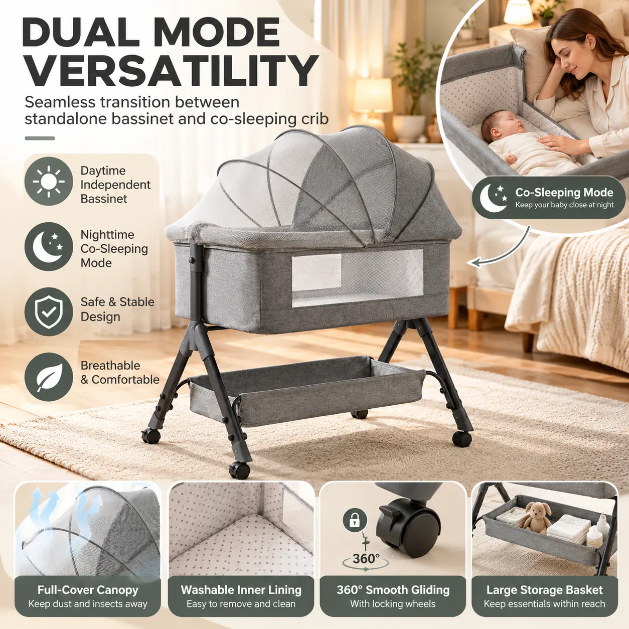 Portable baby cradle with silent 360° rotating wheels, mesh canopy, and storage basket. Movable baby bed, multifunctional crib, three adjustable height levels, breathable mesh windows, and a pushable design , Rocking Bassinet