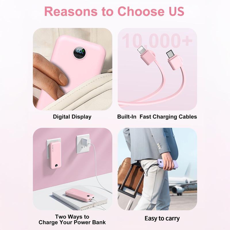 Diamuar Ultra-Thin 12,000mAh Power Bank with Built-in AC Plug & Cable, USB-C PD20W Fast Charging, LED Digital Display, Portable Charger for iPhone Androi