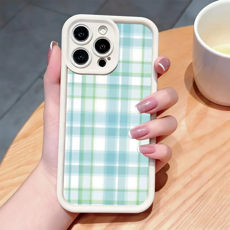 Blue-green checkered pattern phone case. Compatible with iPhone 17 Pro Max/16 Pro Max/15 Plus/14/13/12/11, TPU soft case. Compatible with Galaxy S26 Ultra/S25 Plus/S24/S23, Dopamine color. Compatible with Galaxy A54/A53/A33/A15.