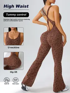 Women's Leopard Print, Seamless Knitted Sexy Butt-Lifting Fitness Overall, Workout Jumpsuit, Outerwear, Fashionable and Comfortable