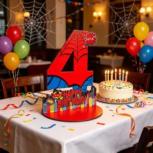 Cartoon Spider Theme Birthday Party Decor, Wooden Number Stand for 3-5 Years Old, Table Centerpiece, Birthday Decoration for Kids