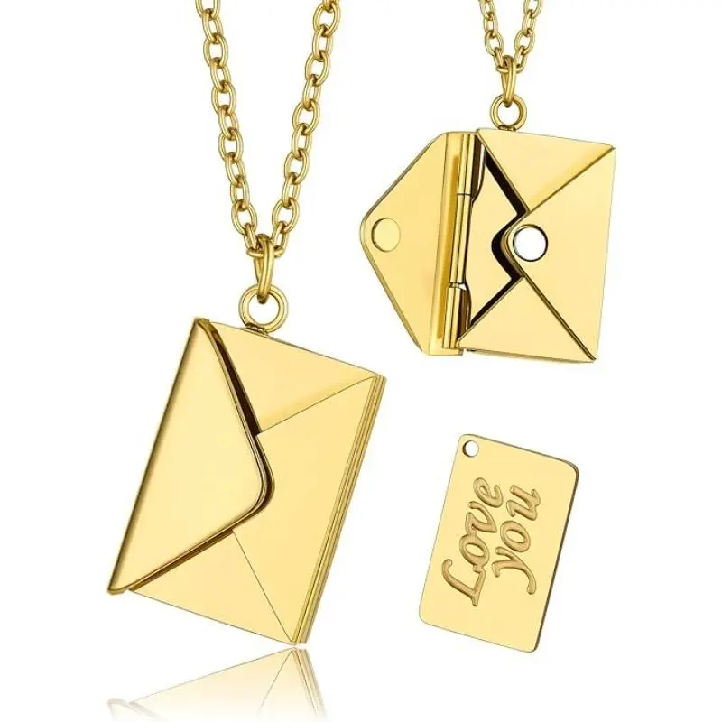 Women's Gold Stainless Steel Envelope Love Letter Locket Necklace, Engraved "Love You" Secret Message Pendant, Wife Necklace for Couples Gifts, Gold Necklace Women