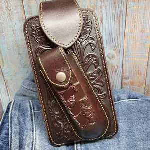 Praying Cowboy Genuine Leather Phone Belt Holster and Knife Holder Floral embossed with belt loop and belt clip