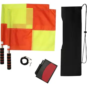 Soccer Referee Kit 2 Pcs Checkered Linesman Soccere Flags, Red Yellow Ref Cards with Notebook and Pencil,Coach Stainless Steel Whistles with Storage Bag