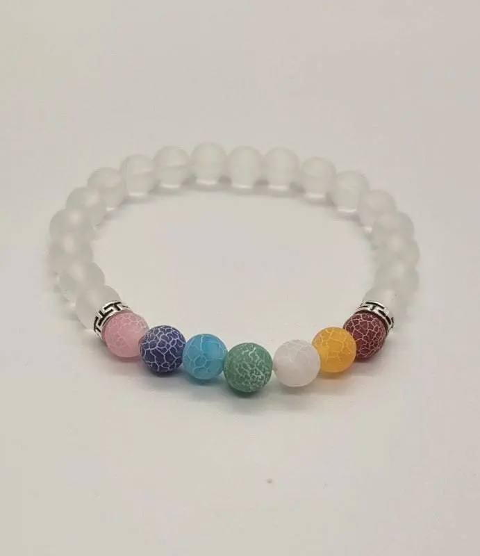 Rainbow Crackle Bead Bracelet with Frosted White Beads