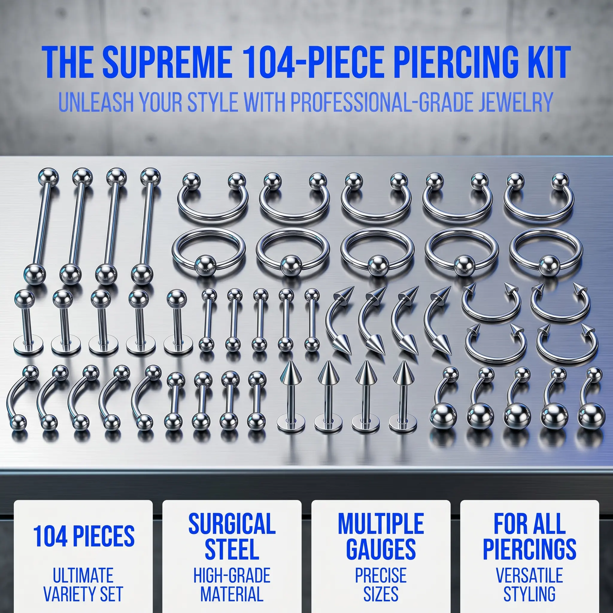 104Pcs Piercing Kit: 12G, 14G, 16G, 20G Needles & 316L Stainless Steel Jewelry for Nose, Belly, Lip, Ear & More
