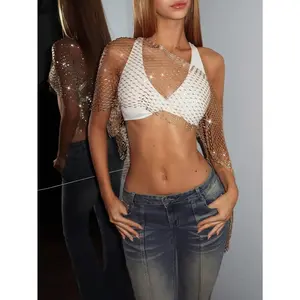 Women's Rhinestone Fishnet Cropped Top, Suitable For Holiday Party, Rave Outfits