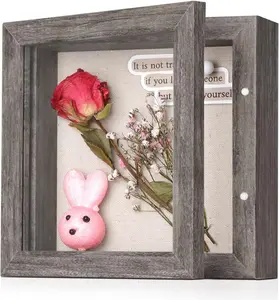 5X5 Small Shadow Box Frame with Linen Back - Sturdy Rustic Memory Display Case of Flower, Pictures, Medals and More, Rustic Gray Califortree