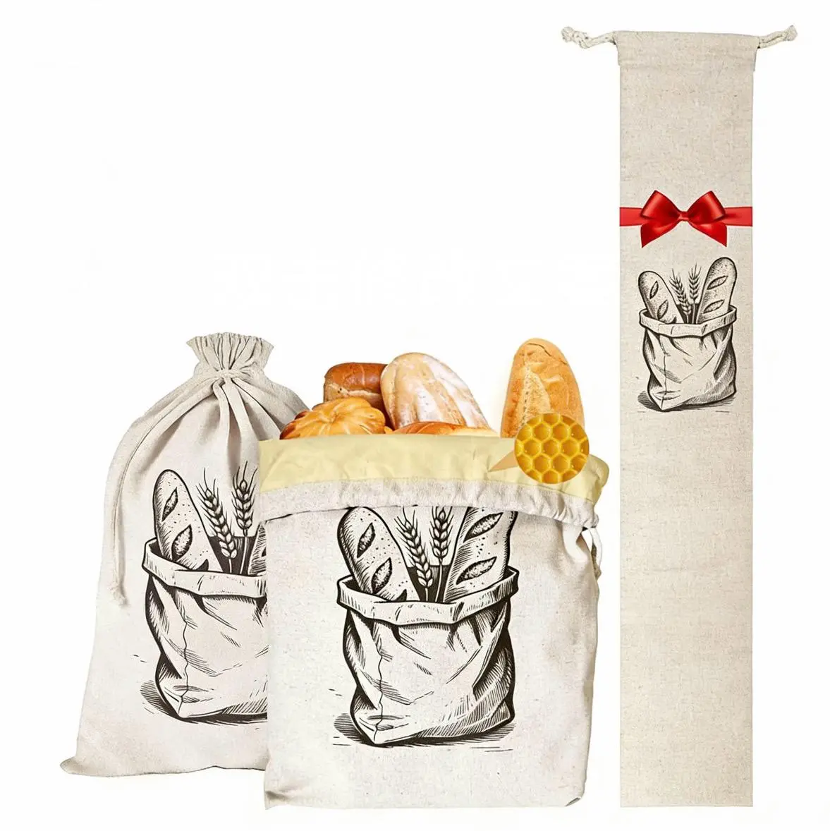Reusable Bread Bags for Homemade Bread bags(3Pack) Natural BeesWax Linen Cotton Large Capacity Portable Bread Keeper for Sourdough Food Storage with Free Baguette Bag 13"x17" & 26" Linen Baguette Bag bread storage Proofing and Baking Kit baking Gift
