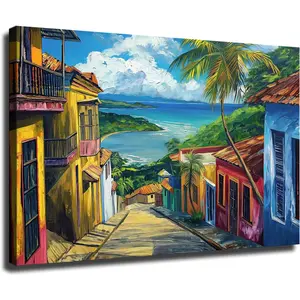 Streets of San Juan Framed Wall Art Puerto Rico Framed Poster Puerto Rican Art Old San Juan Oil Ready To Hang (Framed,08*12 inch)