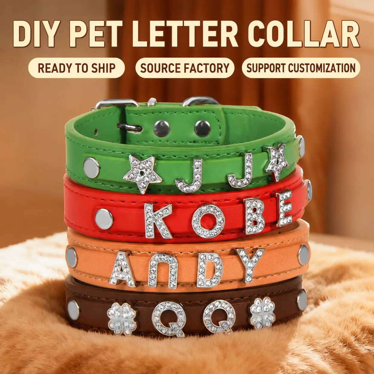 Custom Name Pet Collar with Rhinestone Letters – Personalized Leather Dog Collar, DIY Alphabet Charm Necklace for Dogs & Cats, Anti-Lost ID Tag Design
