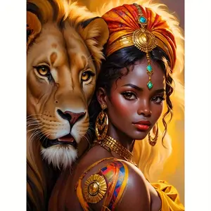 2D Flat, 2D Flat 1Pc Lion And African Women'S Art Decoration Suitable For Living Rooms, Home Decoration Art, Beach Parties, Wall Decoration, Modern Rotating Art Poster, Perfect Gift (Framed Wrapped Canvas), 2D Flat