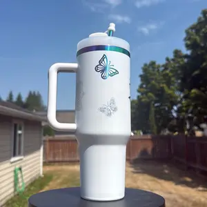 Lotus flower 40oz tumbler white with iridescent writing Bottle Drinkware Water Bottles Portable Bottled Mug Cup Washable Reusable Stylish Flasks
