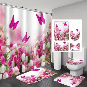 Floral & Butterfly Pattern Bathroom Decor Set, 4 Counts/set Including 1 Shower Curtain, 1 Toilet U-shape Mat, 1 Rectangular Mat, 1 Toilet Lid Cover, Bathroom Decor Supplies, Bathroom Decoration Accessories