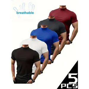 5-Piece Men's Breathable Slim-Fit T-Shirt - Moisture Wicking, Stretch Knitted Sweater for Fitness/Running/Cycling (Solid Color) - Athletic Casual Wear crew neck oversized men sporty