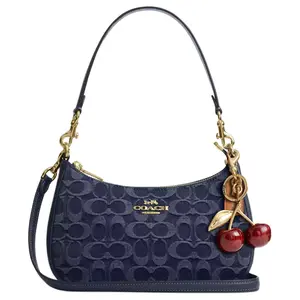 COACH Teri 24 Medium Denim and Leather Crossbody Bag with Detachable Strap and Logo Charm for Women