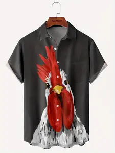 Rooster art print, casual Hawaiian shirt lapel, regular style, suitable for all seasons, button-closed, animal pattern party shirt