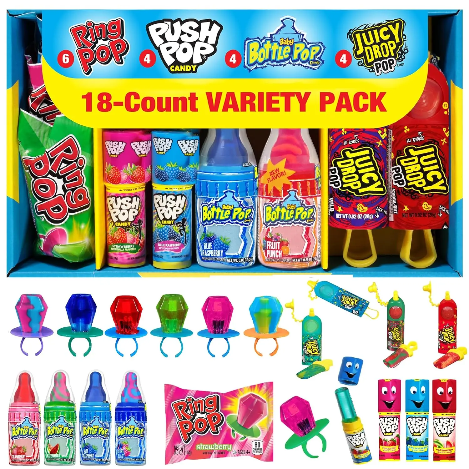 Candy Variety Pack, 18 Count Assorted Lollipops, Bulk Candy Individually Wrapped Ring Pop, Push Pop, Baby Bottle Pop & Juicy Drop, Ideal for Birthdays, Party Favors for Kids & Gifts