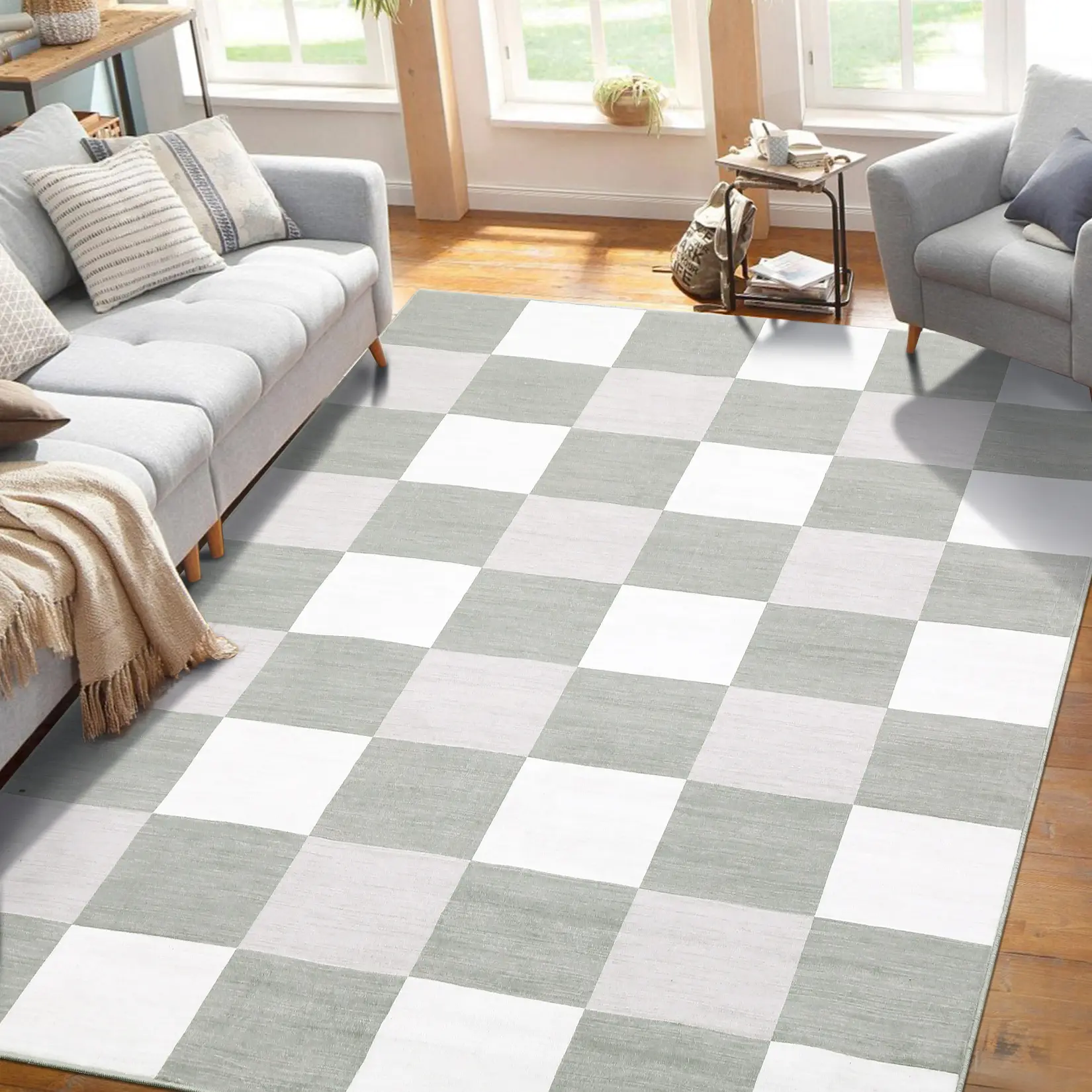 1PC Modern Geometric Checkerboard Floor Cover for Room Decor Washable Thin Soft Area Rugs for Bedroom Living Room Indoor Low Pile Non Slip Carpet Bathroom Runner Rug Office Decor - Grey