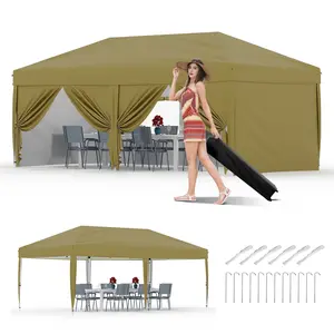 10X20 Pop Up Canopy Tent with 6 Sidewalls – Heavy Duty Commercial Instant Shelter, One-Person Quick Setup Outdoor Party Tent,Khaki