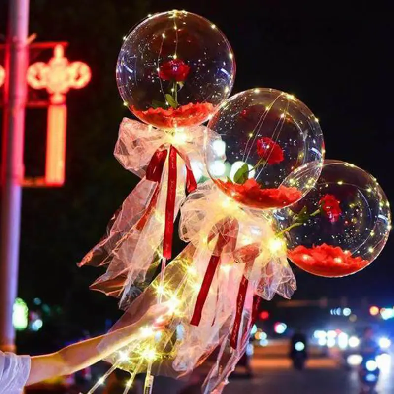 LED Luminous Balloon Rose Bouquet Clear Transparent Bobo Ball Rose Plastic LED Decorative Valentines Day Gifts for Festival Balloon Lamp Kits