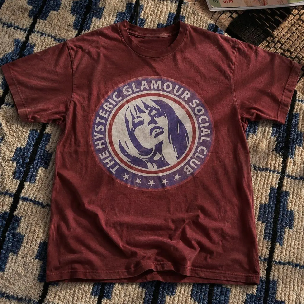 The Hysteric Glamour Social Club Graphic T-Shirt - Vintage Washed Red Burgundy Graphic Tee, Japanese Streetwear Retro Aesthetic Unisex Top