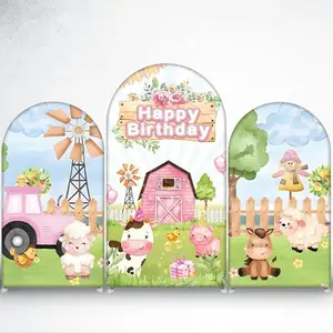 Pink Farm Animals Arch Backdrop Cover Happy Birthday Party Decor for Kids Barnyard Theme Photo Booth