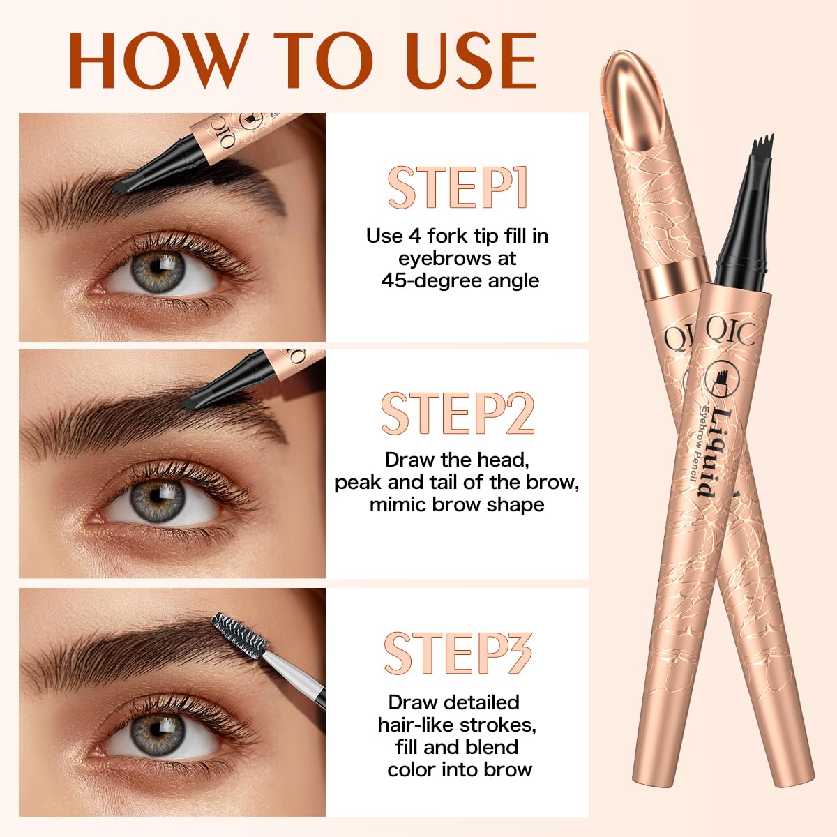 Eyebrow Pen, Contouring Pen Fine Stroke 3D Waterproof Microblading Eyebrow Pencil with 4-Fork-Tip Create Natural Hair-Like Brows Stay on All Day