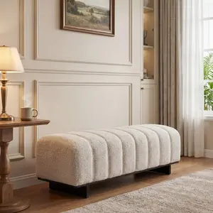 ARCH Indoor Dining Bench, Beige Faux Fur Fabric Bench with Rubber Wood Legs , 250lbs, Comfortable Seating for Dining Room/Living Area