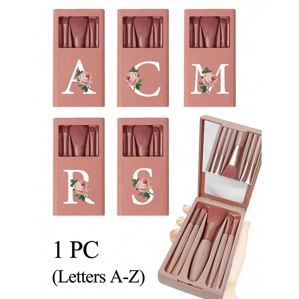 Portable Makeup Brush Set with Mirror, Printed Lily Flower Letters A-Z, Multi-Functional Cosmetic Brushes, Mini Foundation & Eyeshadow Brushes