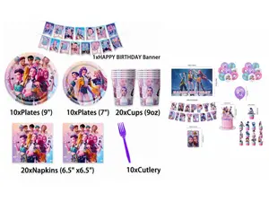 The K-Pop Devil Comics themed birthday surprise set includes paper plates, paper cups, tissues, a tablecloth, and a banner birthday backdrop, making it a perfect gift for friends and a party decoration.