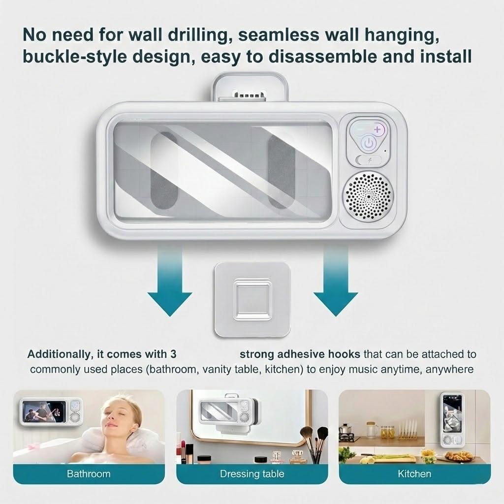 Waterproof Shower Phone Holder with Bluetooth Speaker, 360° Rotatable Wall Mount Phone Case with Touch Screen, IPX7 Waterproof Bathroom Phone Stand for Shower