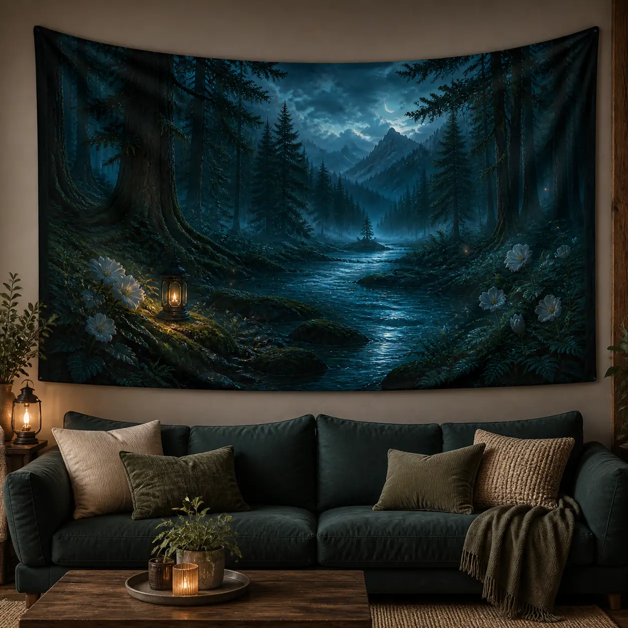 Dark Forest Landscape Wall Tapestry, Moonlit Mountain River and Campfire Art, Lightweight Linen Fabric Wall Hanging for Bedroom or Living Room