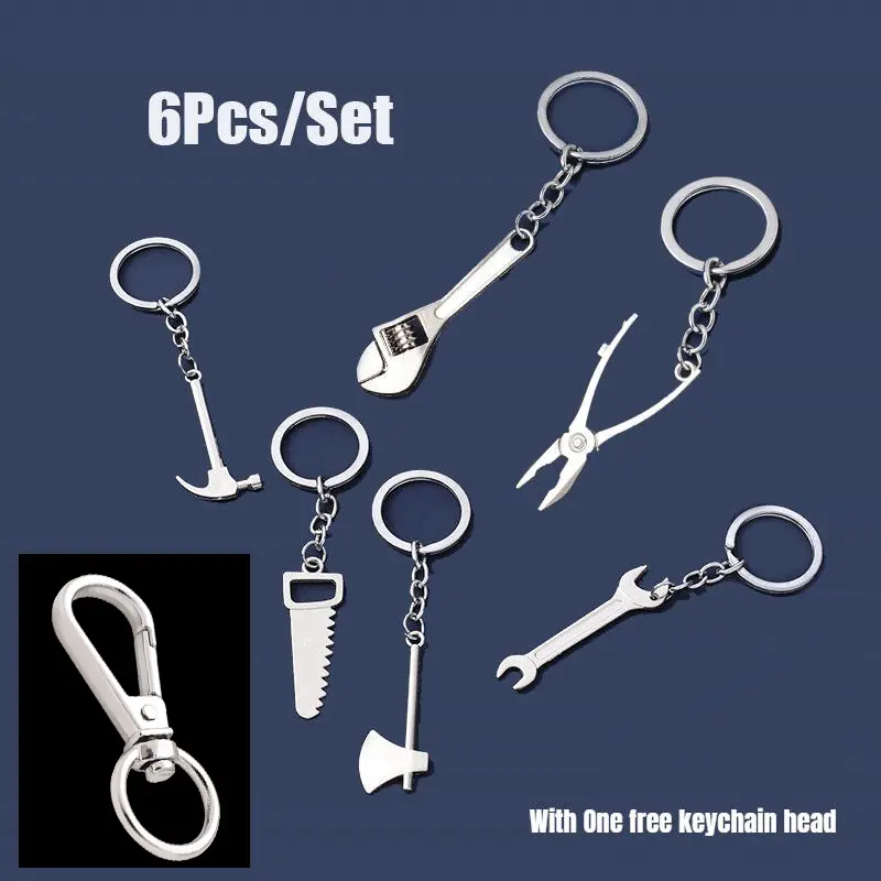 Multi Purpose Keychain Set, 6-Piece Metal Pendants with Creative Wrench, Hammer & Screwdriver Designs, Unisex Car Gift, Unisex Gift, Small Pendant