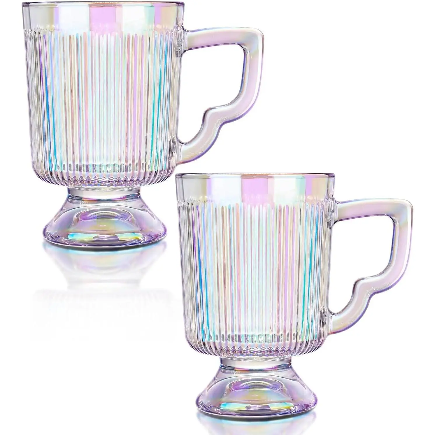 Iridescent Glass Coffee Mugs, Ribbed Coffee Cups with Handle, latte Cappuccino Espresso Milk Cups,Rainbow Drinking Glasses,12 oz,Set of 2